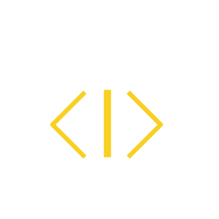 Coding window with yellow HTML code brackets on a black background