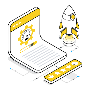 Rocket launch with speedometer, progress bar, and five-star rating symbolizing performance boost