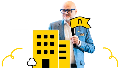 Man in blue suit holding yellow flag with building and cloud icons representing business growth