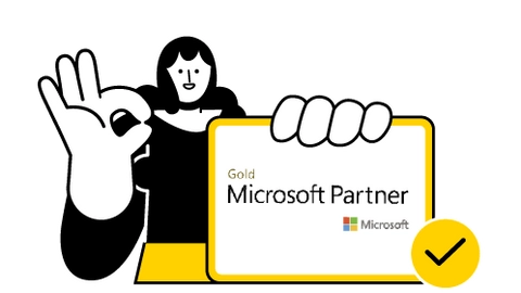 Person showing OK gesture holding Gold Microsoft Partner certification with checkmark