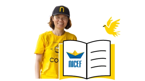 Smiling volunteer wearing yellow NICEF shirt with heart and dove icons