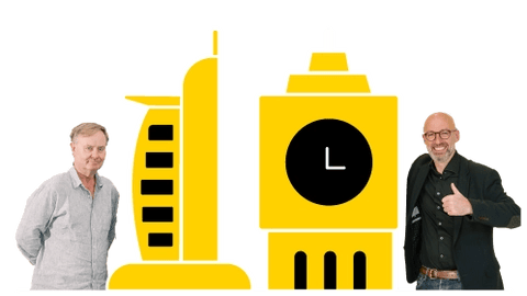 Two men with Burj Al Arab and Big Ben landmarks representing global travel destinations