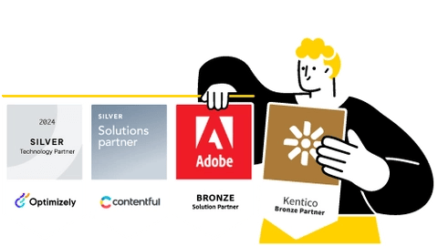 Awards showing Adobe Bronze and Kentico Bronze Partner badges held by a person