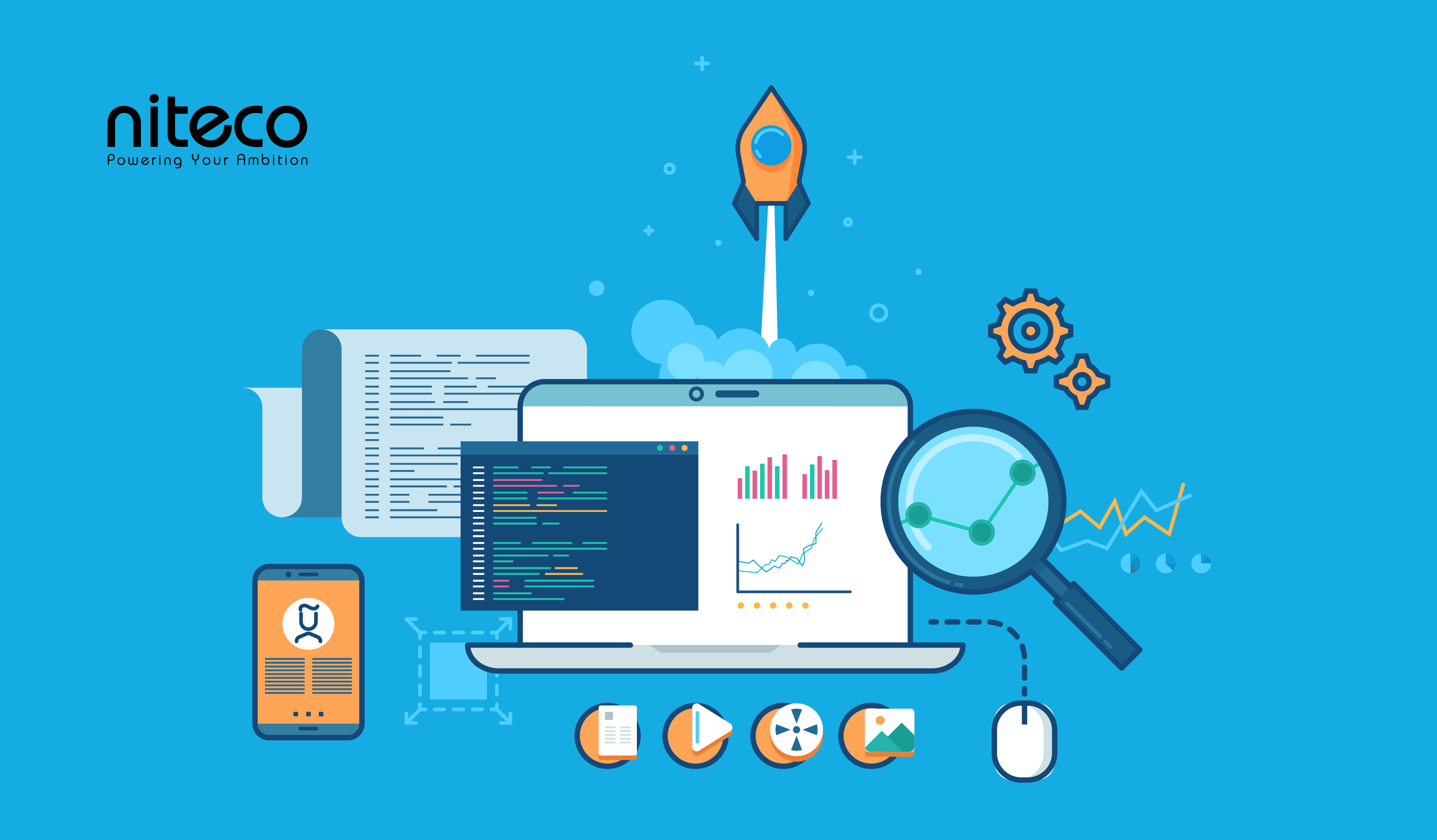 Niteco software development with data analysis, coding, and project launch icons