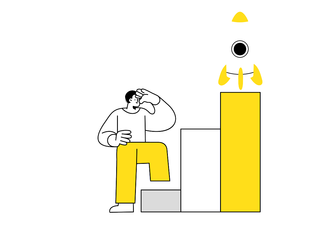Person analyzing growth chart with rocket launch symbolizing business growth