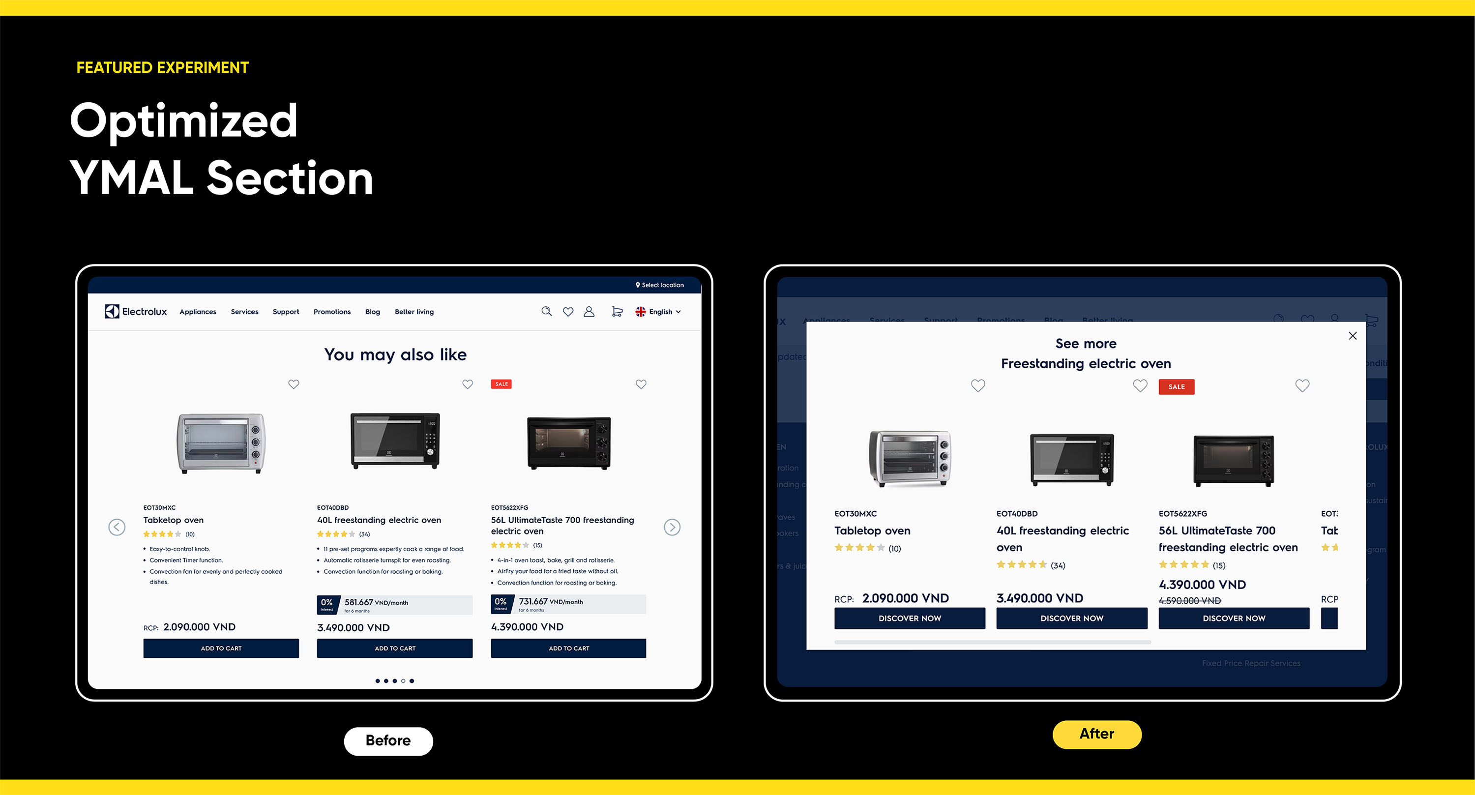 Optimized YMAL section showing improved freestanding electric oven product display before and after.
