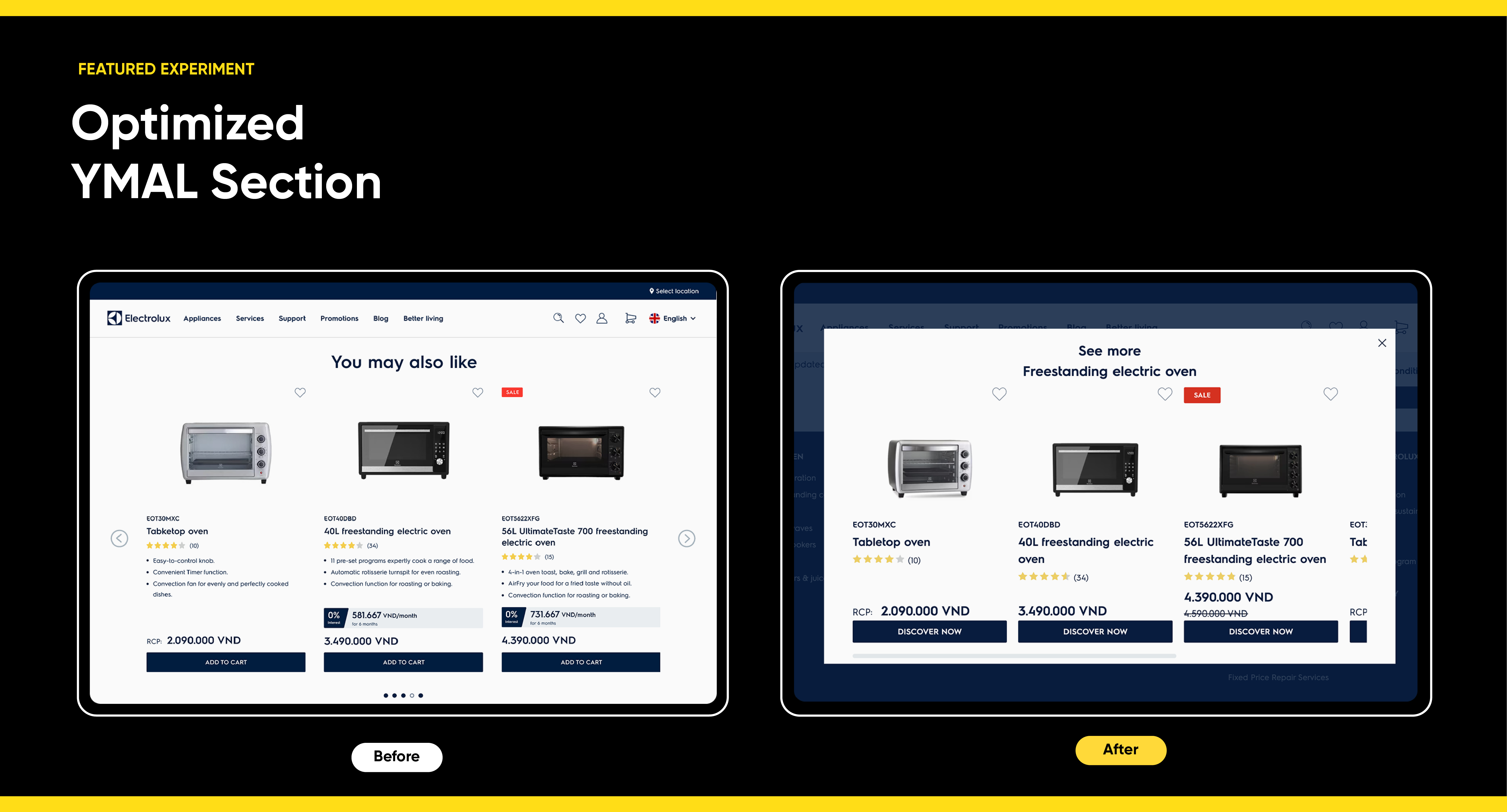 Optimized YMAL section showing before and after freestanding electric oven options