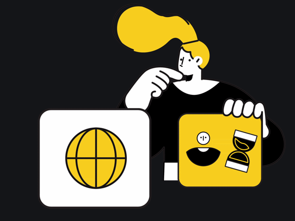 Person with yellow hair holding digital marketing icons representing global reach and analytics.