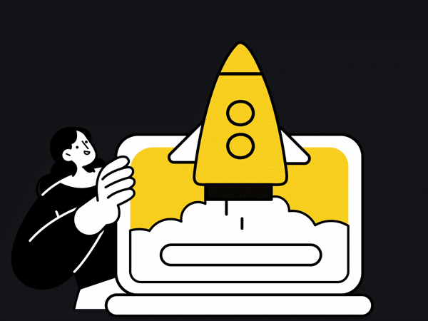 Rocket launching from laptop screen symbolizing digital startup launch