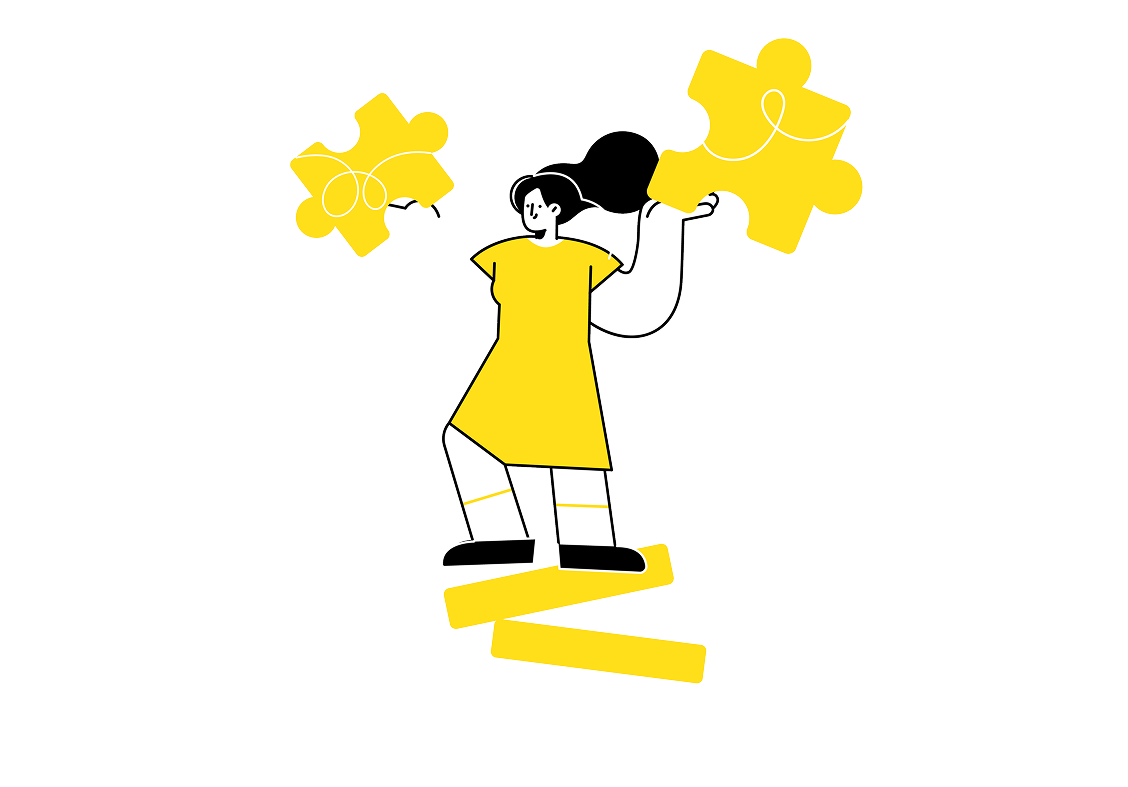 We challenge (1) Woman balancing puzzle pieces symbolizing problem-solving and critical thinking