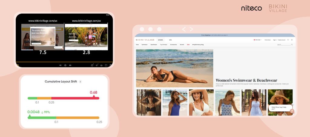 Comparison of Bikini Village website versions showing layout shift and swimwear page.