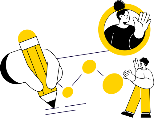 Collaborative teamwork drawing a data chart with yellow pencil and figures
