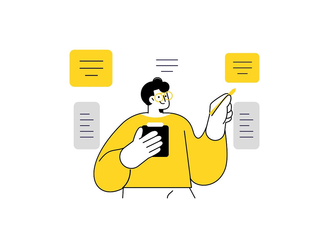 Man planning project workflow with clipboard and connected task blocks