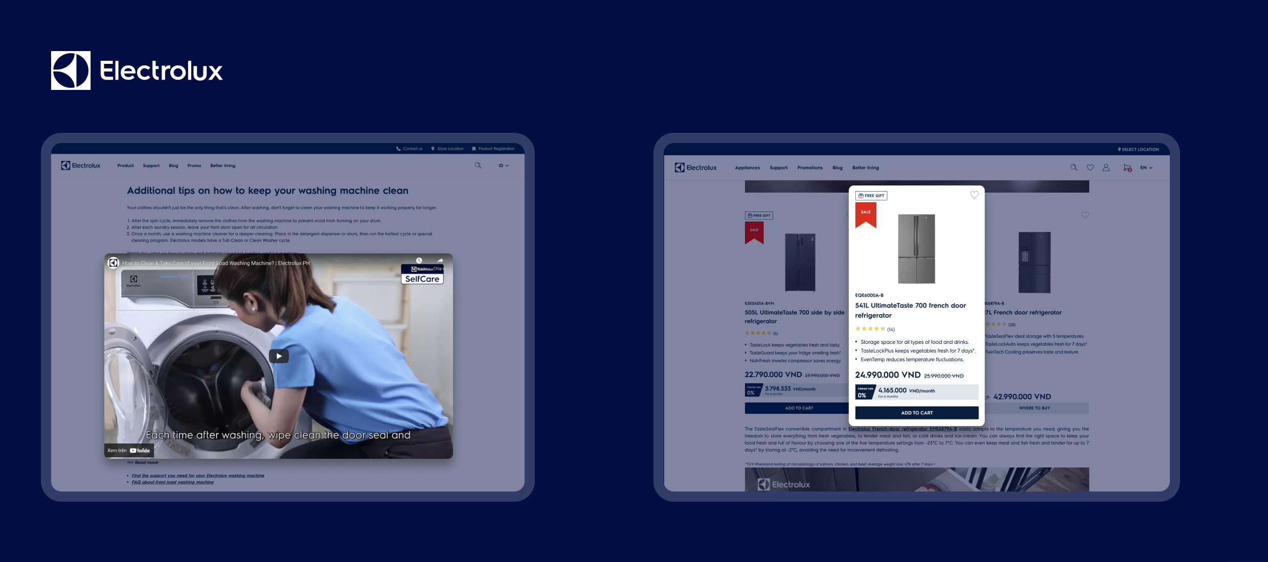 Electrolux washing machine care tips and UltimateTaste 700 refrigerator sale page