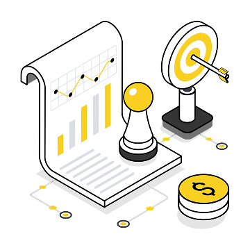 Strategy concept with chess pawn, financial charts, target, and coins for business growth