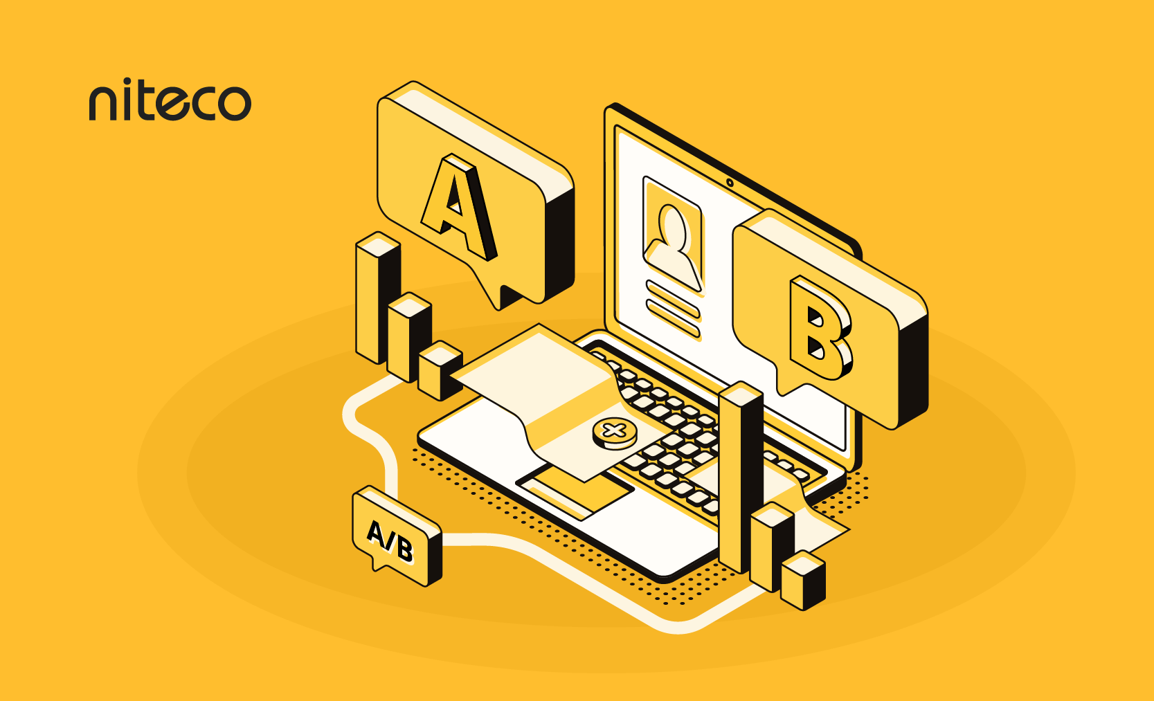 A/B testing concept with laptop, charts, and speech bubbles on yellow background