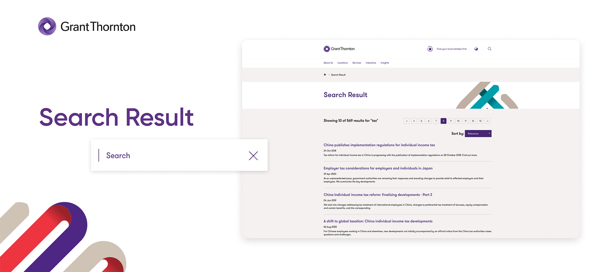 Grant Thornton search result page showing tax-related article listings and navigation