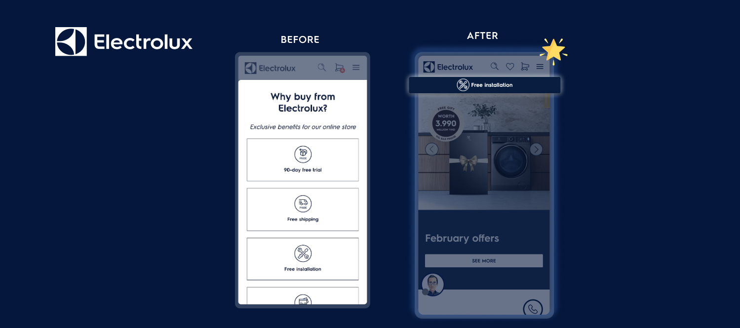 Electrolux mobile site redesign highlighting free installation for users