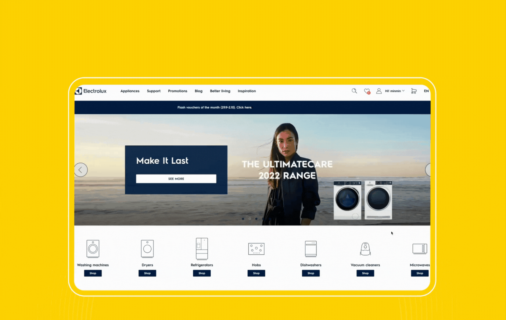 Electrolux website homepage showcasing washing machines, dryers, and kitchen appliances