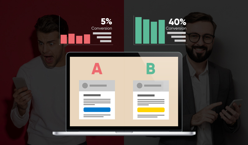 A/B testing with 5% vs 40% conversion rates shown on laptop screen