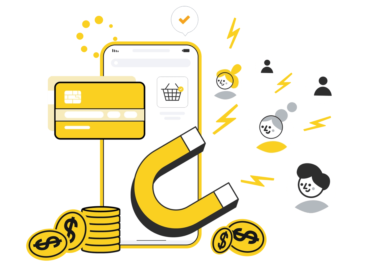 Mobile phone with credit cards, coins, magnet attracting customers, Commerce