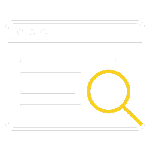 Browser window with search results and a yellow magnifying glass highlighting SEO keywords