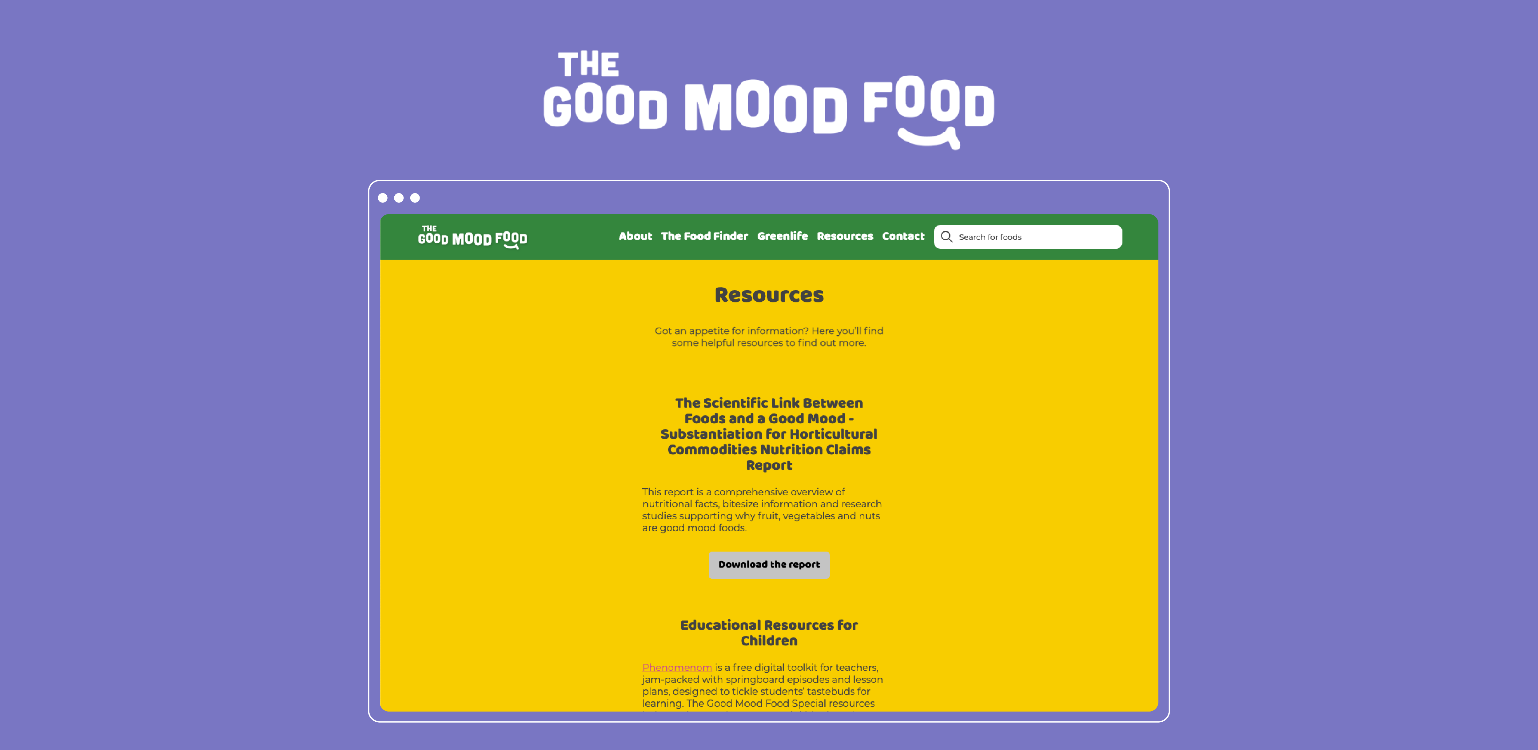 The Good Mood Food resources page with scientific nutrition report download