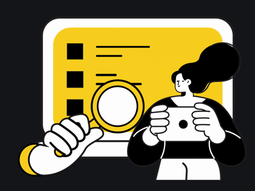 Woman using smartphone with checklist and magnifying glass for task review