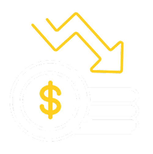 Declining revenue symbol with downward arrow and dollar coins stack