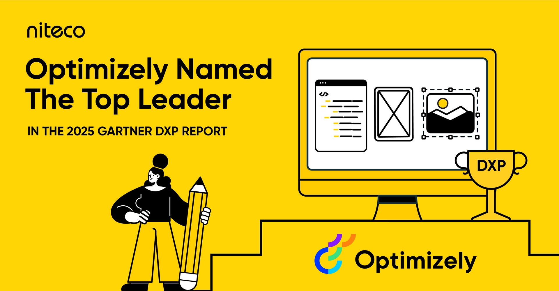 Optimizely named top leader in 2025 Gartner DXP report with computer and trophy
