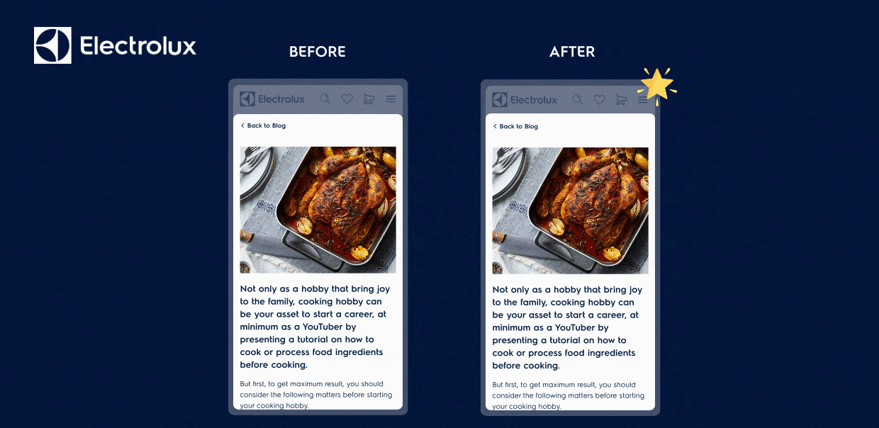 Electrolux blog page showing before and after mobile interface improvements