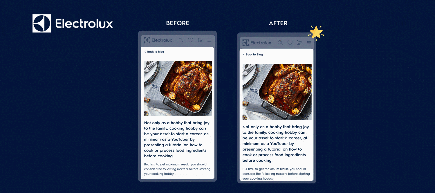 Electrolux blog page before and after UI update highlighting cooking hobby content