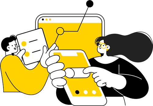 People interacting with mobile app and data visualization on digital devices