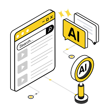 AI-powered search interface with magnifying glass highlighting AI technology