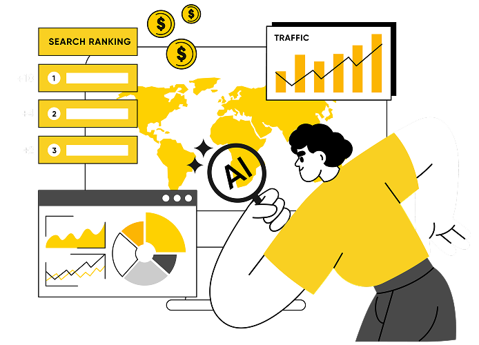 AI-powered SEO analysis showing search ranking, traffic, and data charts