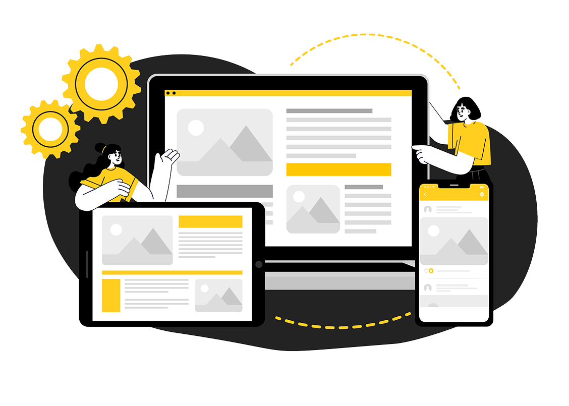 Responsive web design illustration showing layouts on desktop, tablet, and mobile screens