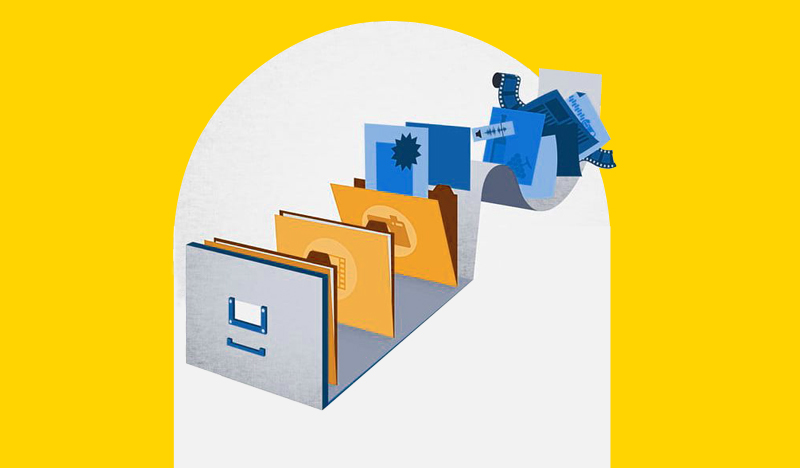 File folders with various digital media icons flowing out, representing data storage