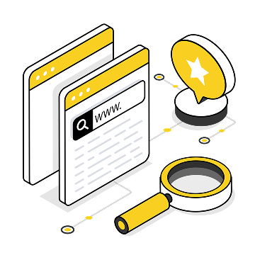 Website browser windows with magnifying glass and star review icon, SEO concept.