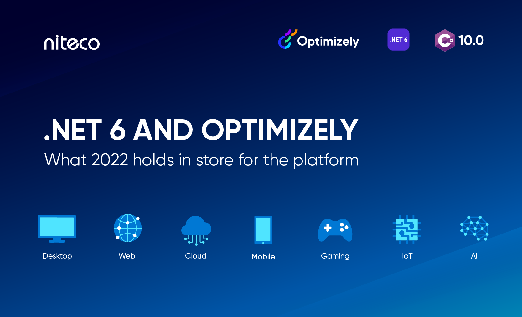 .NET 6 and Optimizely platform 2022 overview with desktop, web, cloud, mobile icons