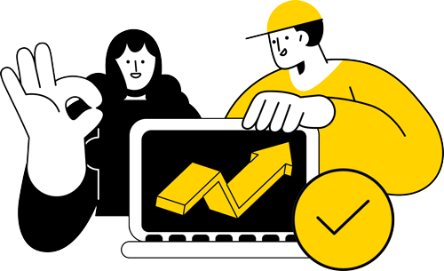 Positive trend analysis shown on laptop screen with confident business people