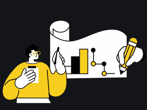 Person planning data analysis with charts and graphs on a scroll