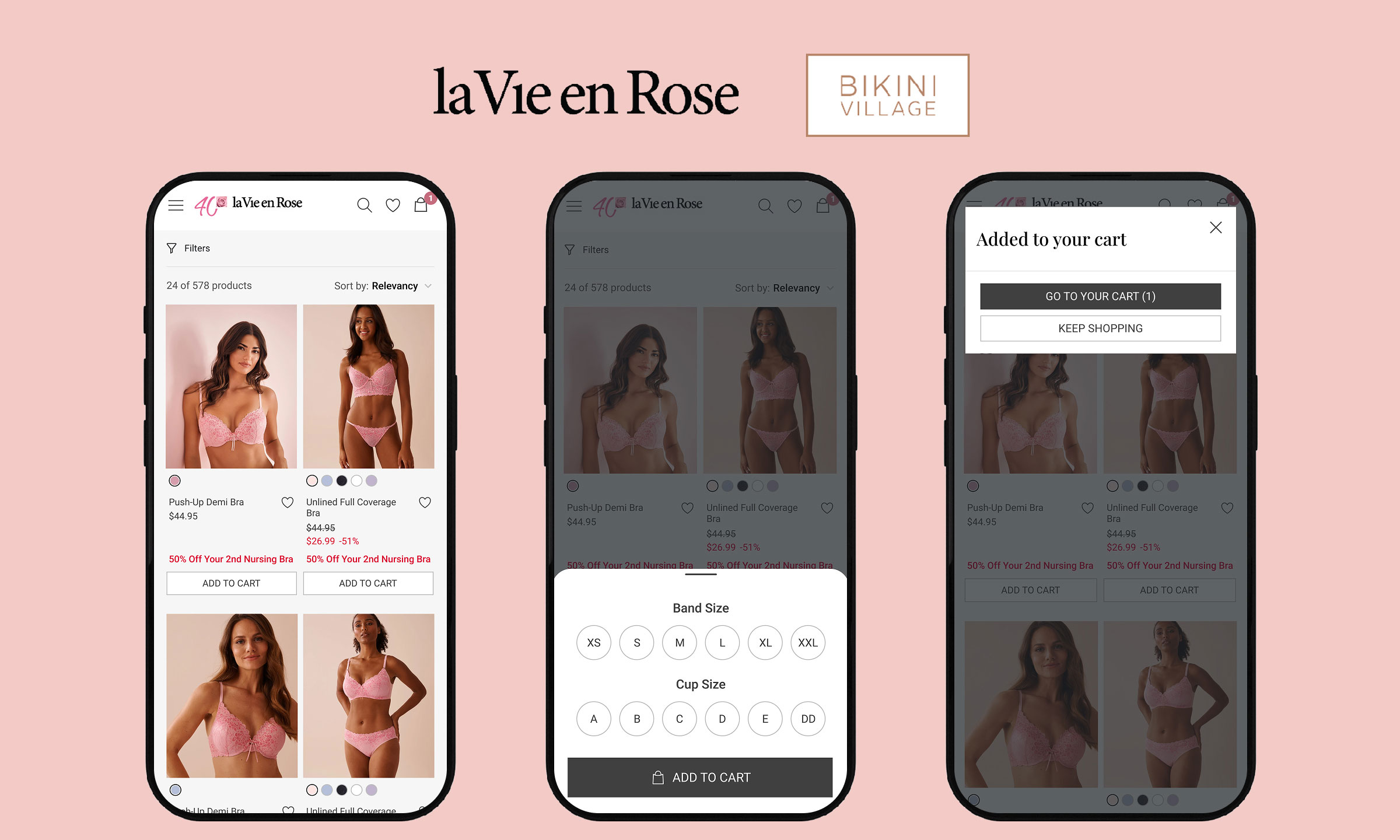 Three phones displaying La Vie en Rose lingerie shopping UI on pink background