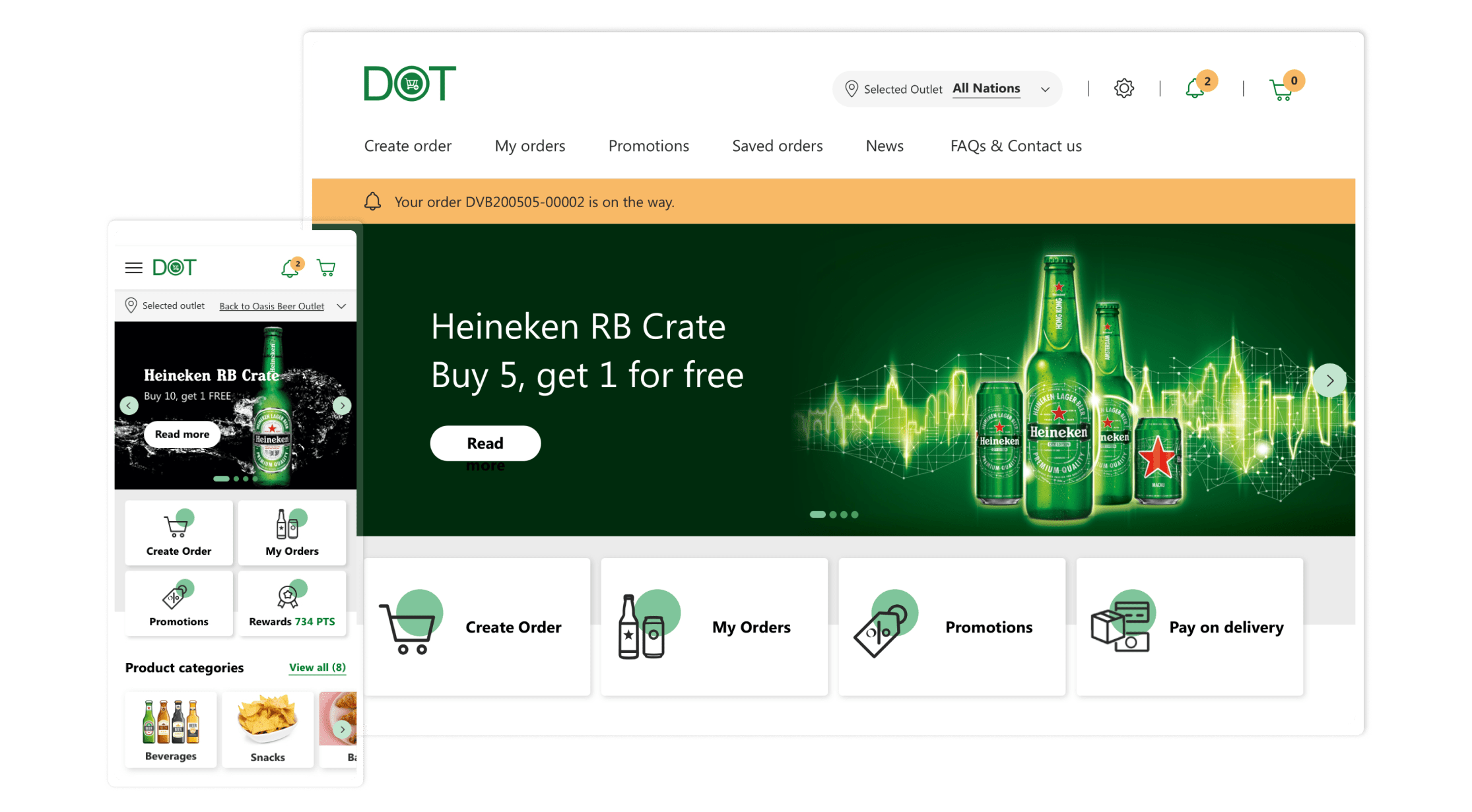 DOT app homepage showing Heineken RB Crate buy 5 get 1 free promotion and order options