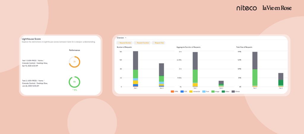 Performance scores and request data charts from Lighthouse report analysis.