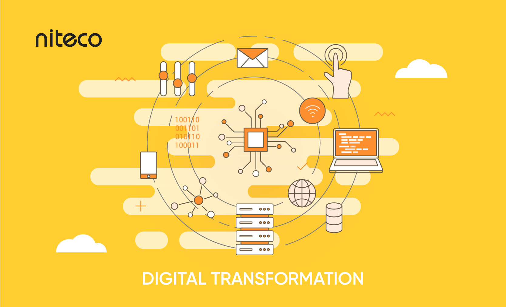 Digital transformation concept with digital devices, cloud, and server icons
