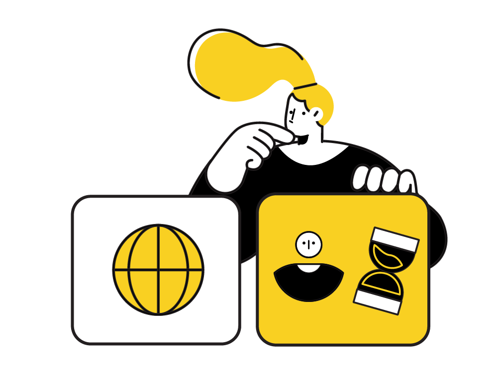 Woman with yellow hair holding icons of global network and time management
