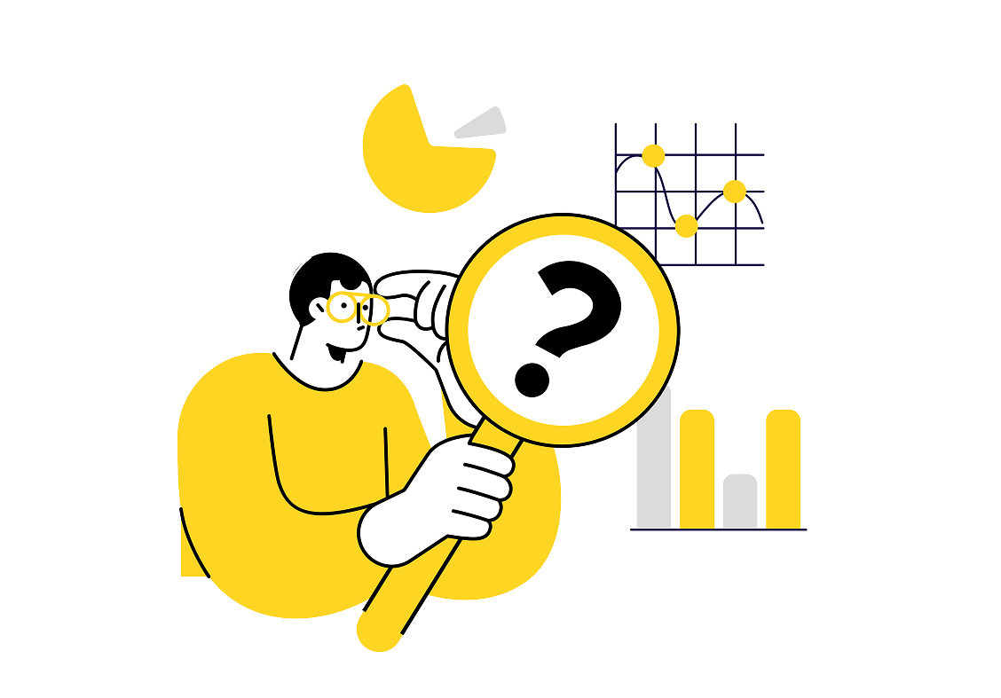 Person analyzing data charts with magnifying glass and question mark