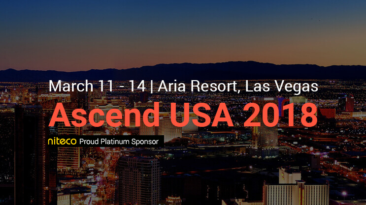 Las Vegas skyline at night promoting Ascend USA 2018 conference at Aria Resort