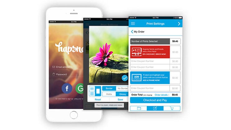 Mobile photo printing app interface showing login, editing, and print settings screens