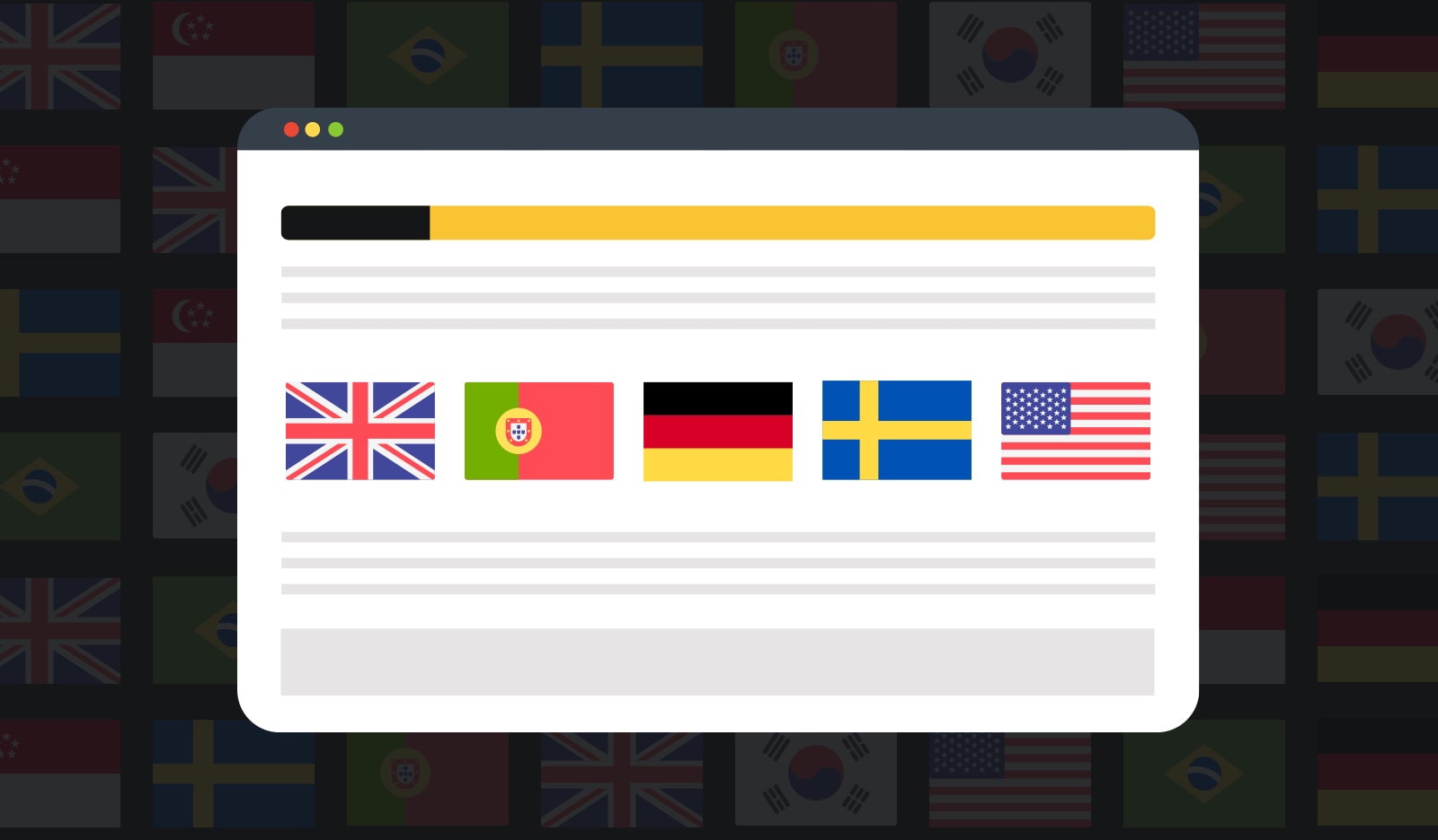 Language selection interface with UK, Portugal, Germany, Sweden, and USA flags